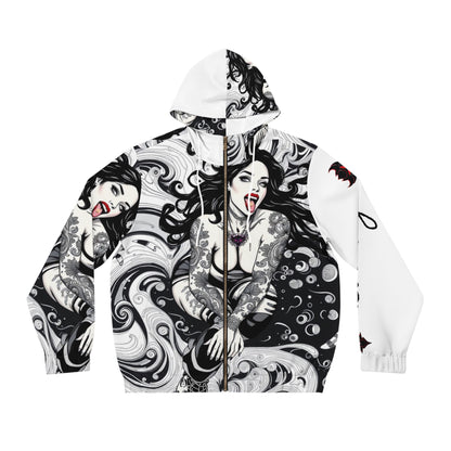 "Rolling" Gothic Mermaid Full-Zip Hoodie - Edgy Tattoo Design for Men/Unisex