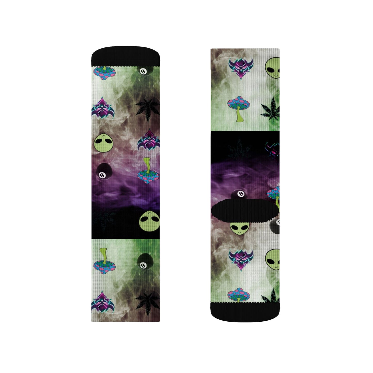 Alien Galaxy Sublimation Socks — Psychedelic UFO & Cannabis Pattern Crew Socks