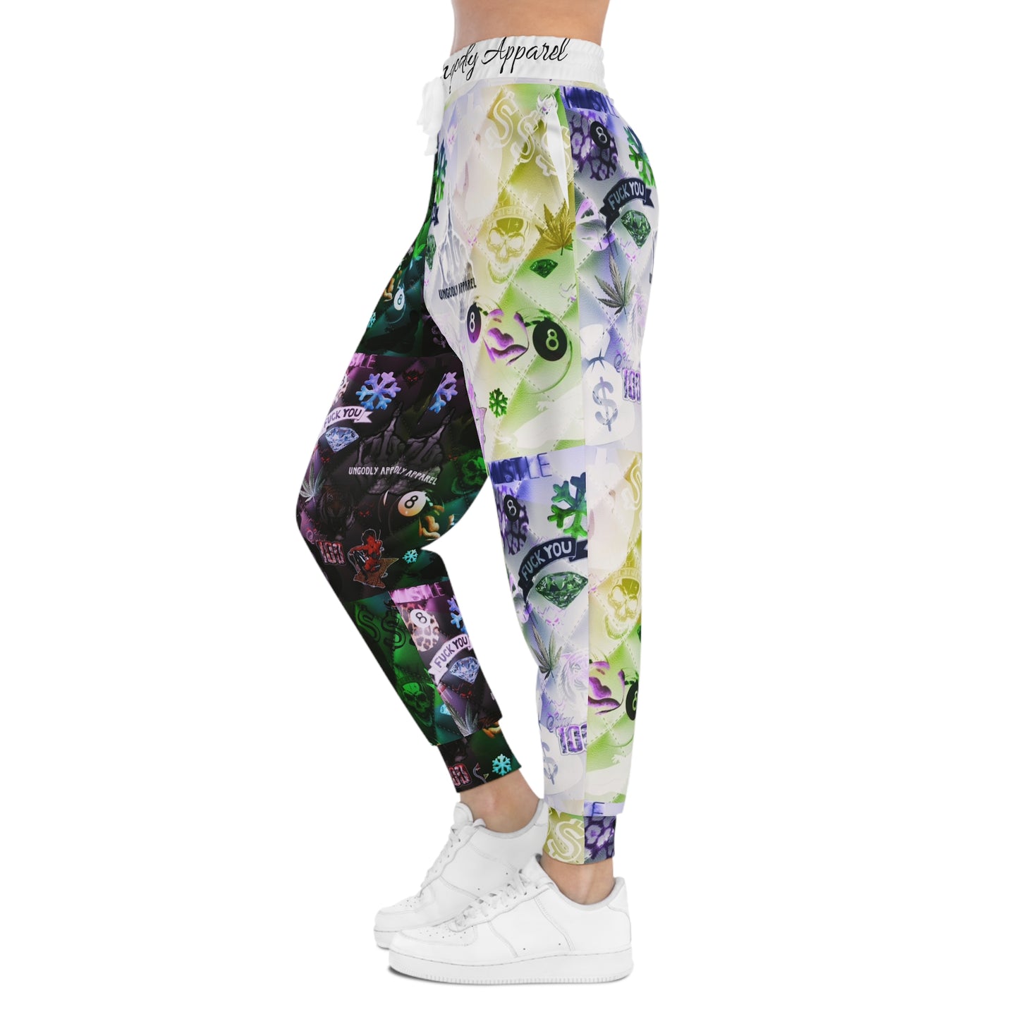 "Ungodly Vices" Graphic All-Over Print Joggers — Neon Patchwork Streetwear
