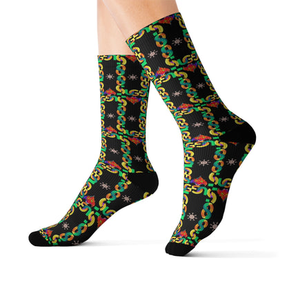 Rasta Ungodly Chain Pattern Sublimation Socks — Black Crew Socks with Red, Yellow & Green Chain Print