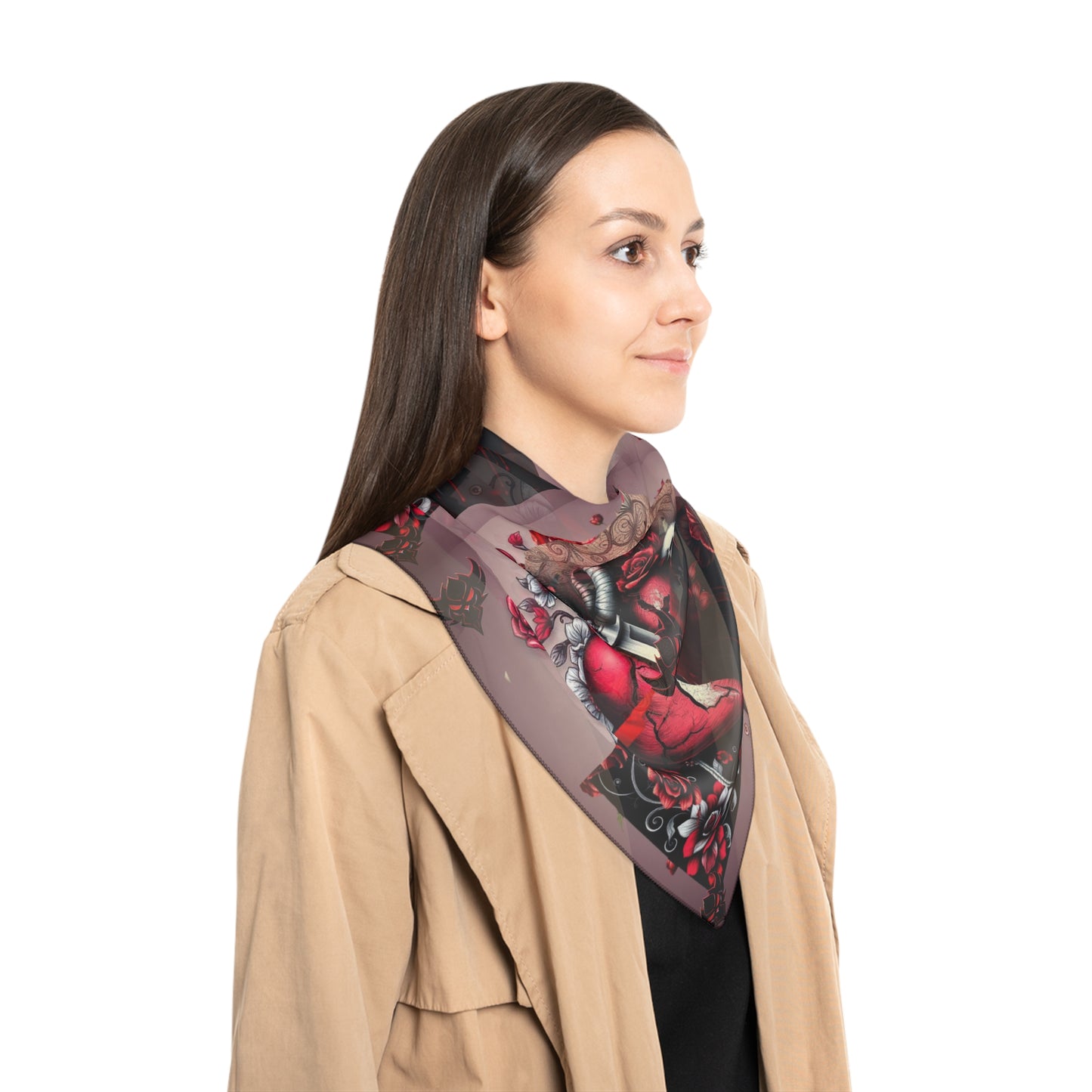 Anatomical Heart & Roses Scarf — Gothic Red Floral Silk-Feel Accessory