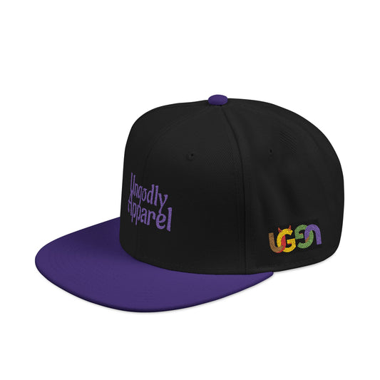 Embroidered Snapback Hat — 'Ungodly Apparel' Purple Script