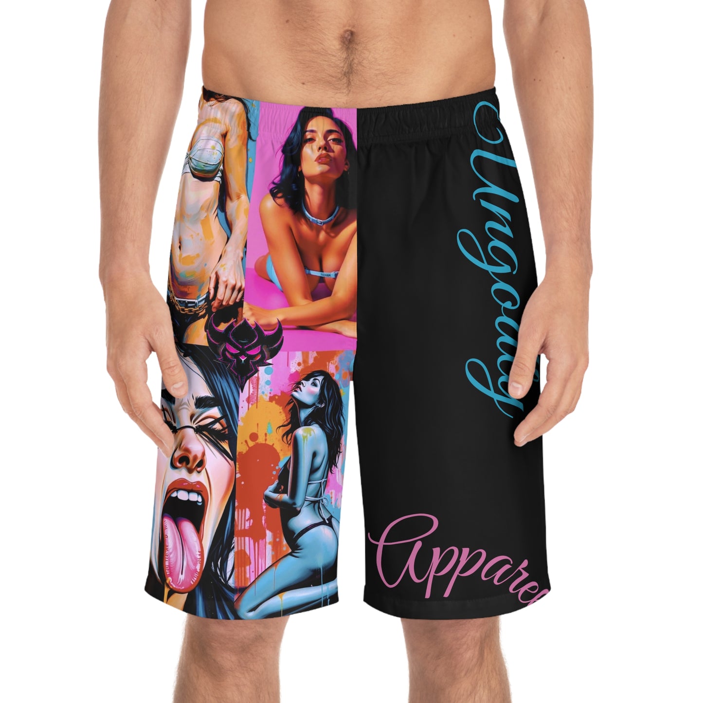 "Ungodly Fetish Board Shorts" Bold Graphic Board Shorts - Trendy Swimwear for Beach Days, Summer Fun, Pool Parties, or Vacation Style - Ungodly Apparel