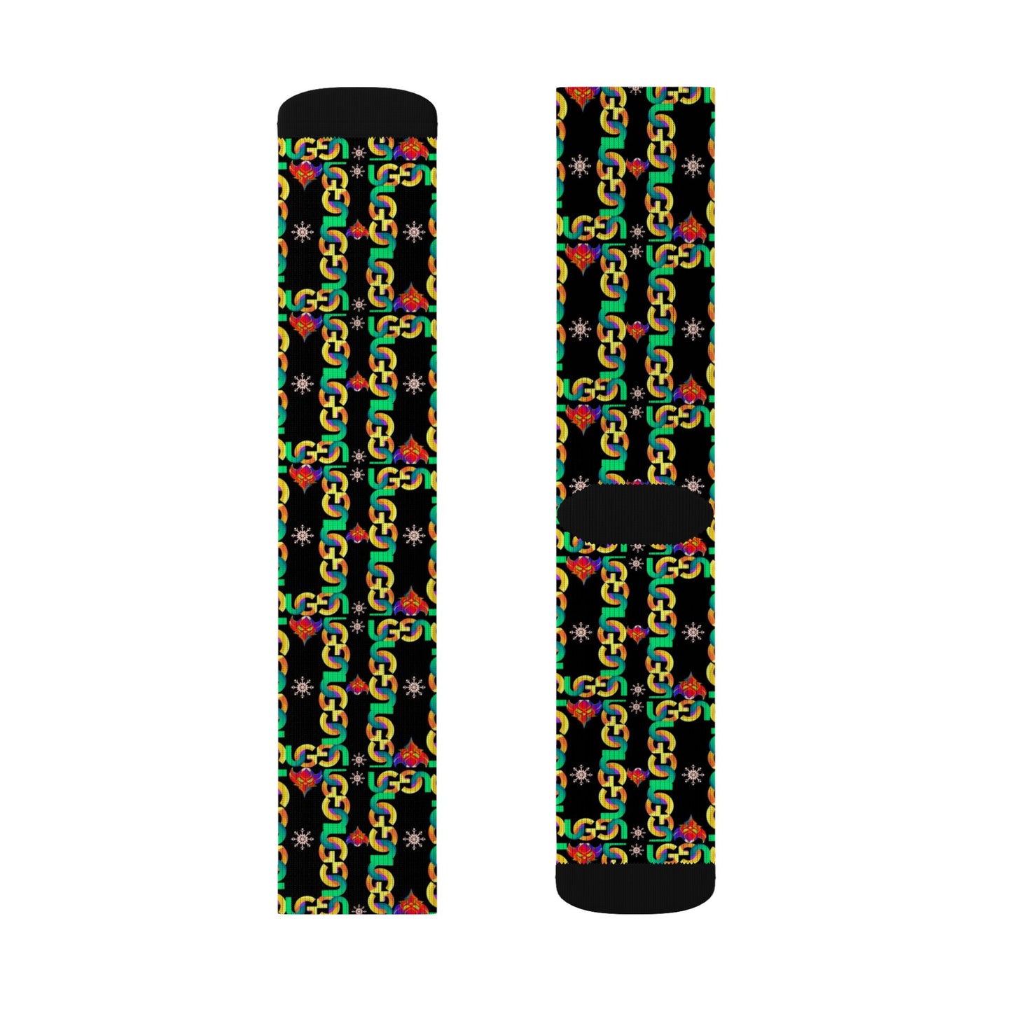 Rasta Ungodly Chain Pattern Sublimation Socks — Black Crew Socks with Red, Yellow & Green Chain Print