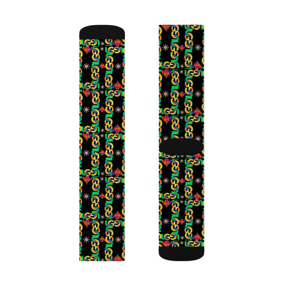 Rasta Ungodly Chain Pattern Sublimation Socks — Black Crew Socks with Red, Yellow & Green Chain Print