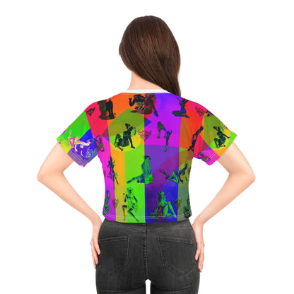 Neon Pop Pin-Up Crop Tee — Retro Dancer All-Over Print