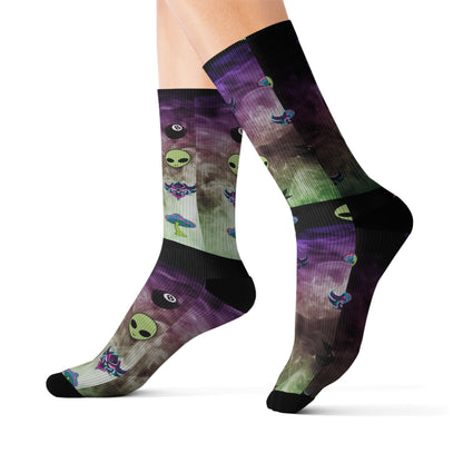 Alien Galaxy Sublimation Socks — Psychedelic UFO & Cannabis Pattern Crew Socks