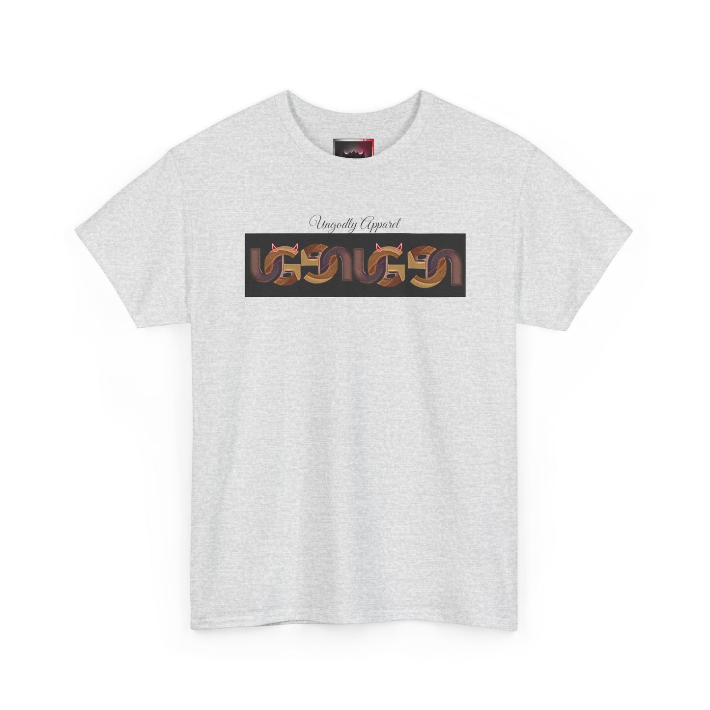 Retro Ungodly Apparel Flame Script Tee — Brown UG Link Pattern Graphic T-Shirt