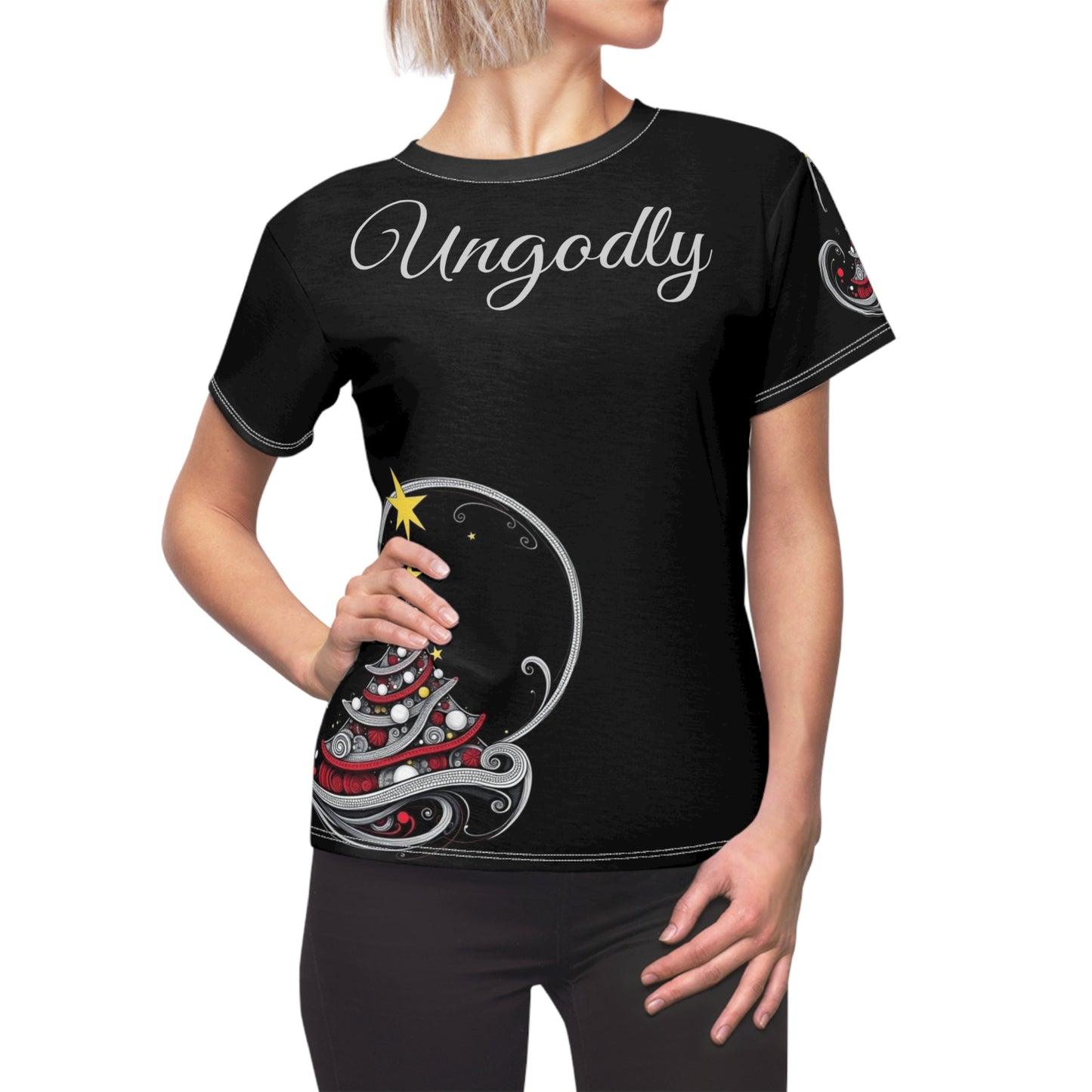 Ungodly Christmas Tee — Women's Black Holiday Cut & Sew Shirt