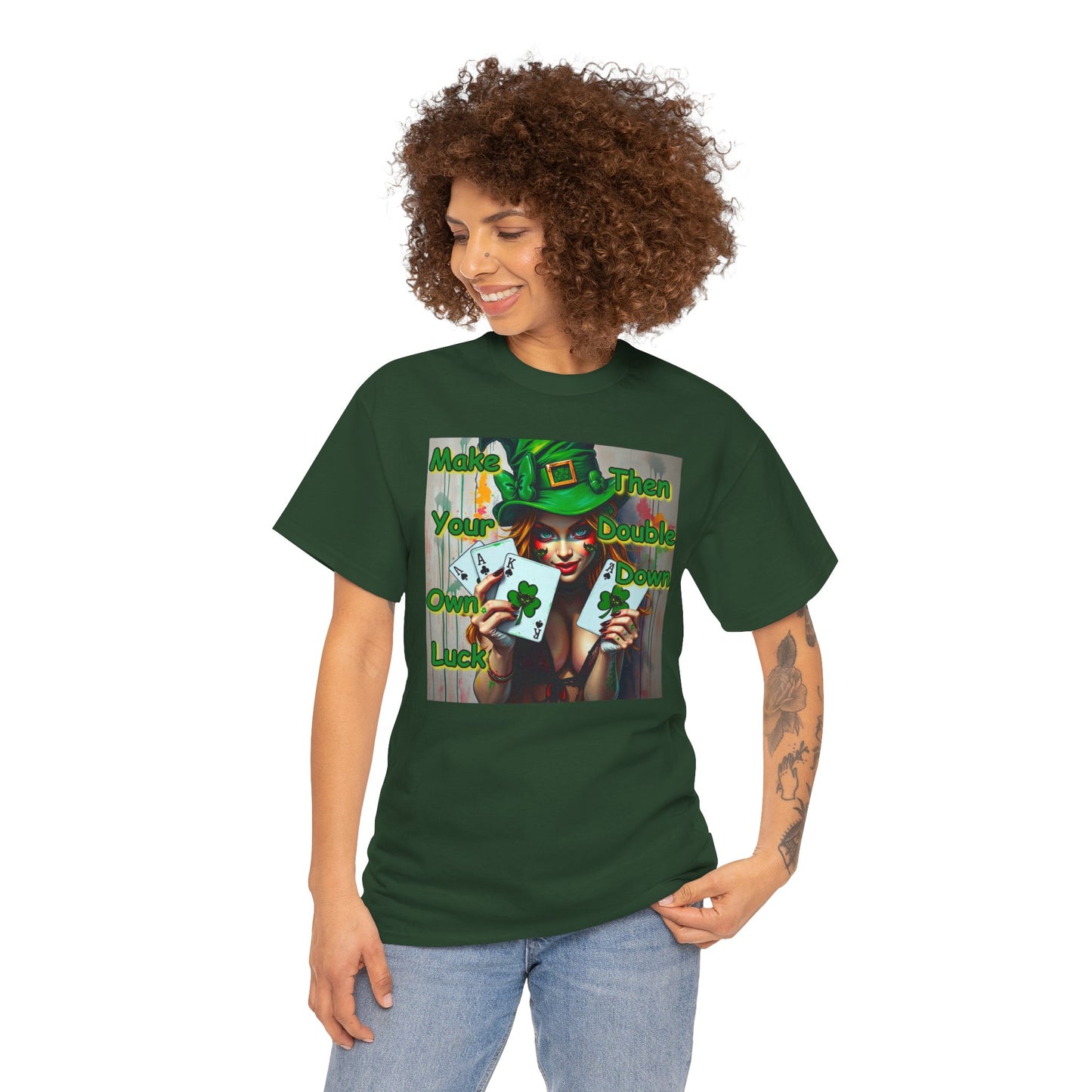 St. Patrick's Day Unisex Heavy Cotton Tee - "Make Your Own Luck Then Double Down" Fun Graphic Tee