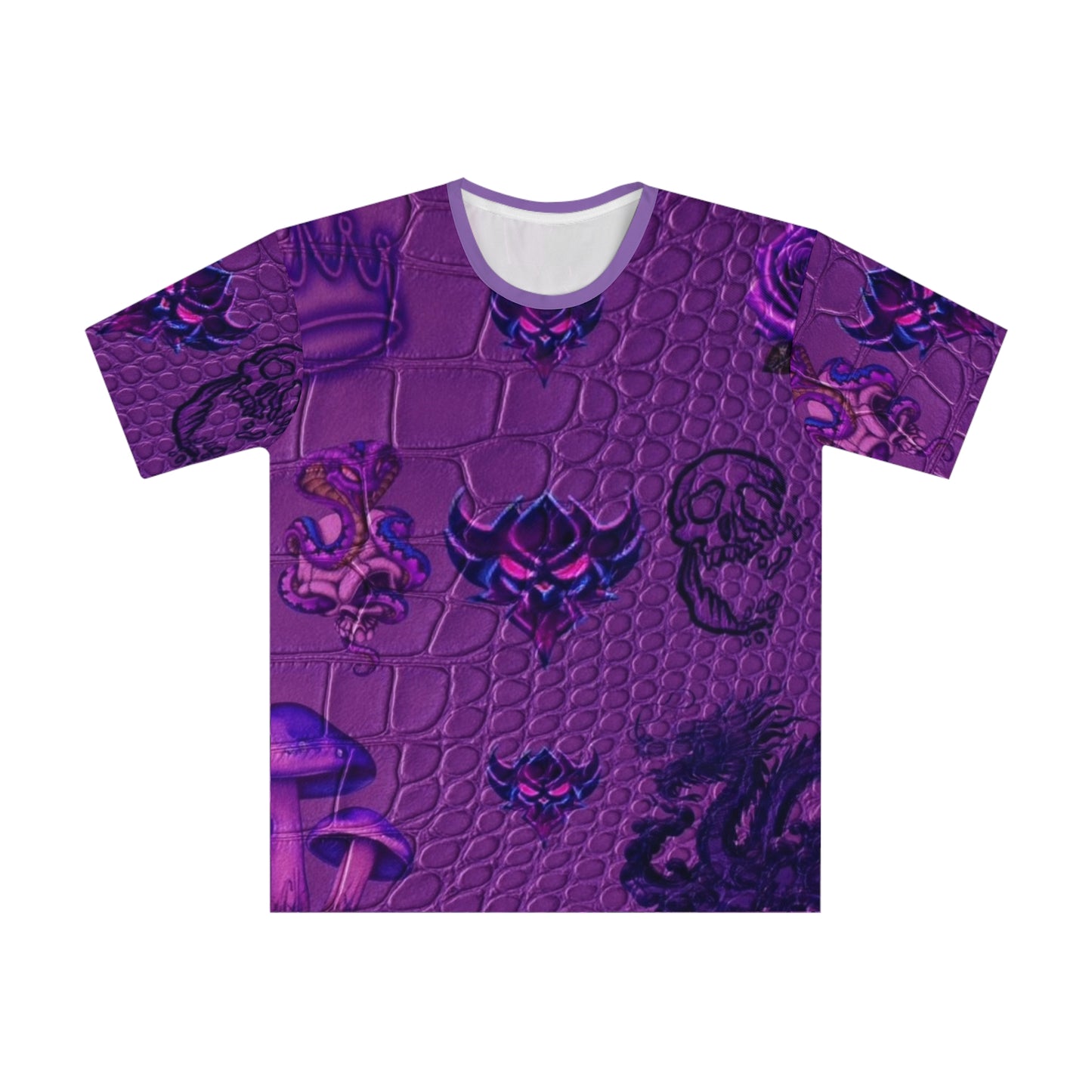 Purple Gothic Pattern All-Over Print Tee — Crowns, Skulls & Mushrooms