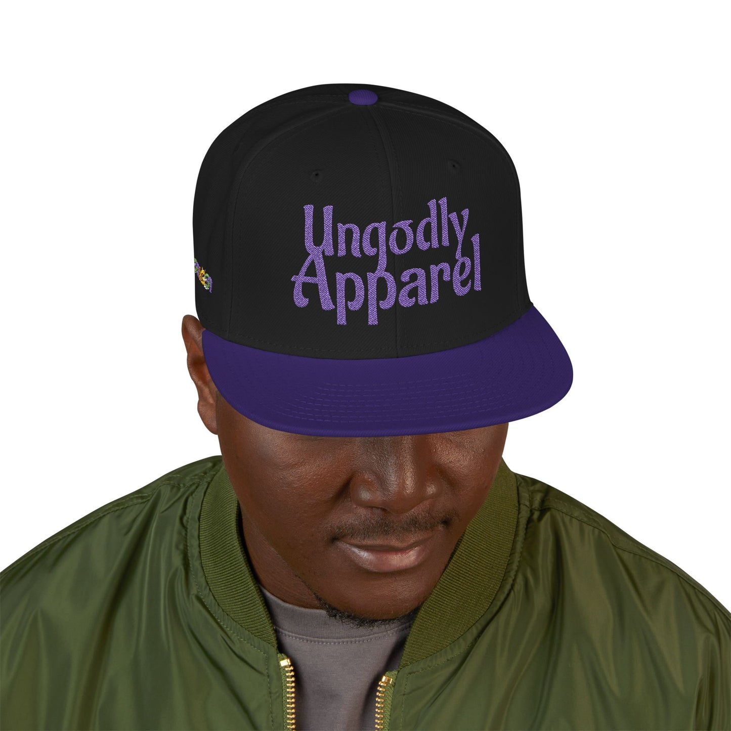 Embroidered Snapback Hat — 'Ungodly Apparel' Purple Script