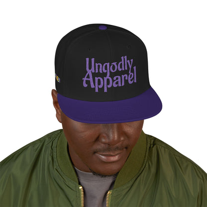 Embroidered Snapback Hat — 'Ungodly Apparel' Purple Script