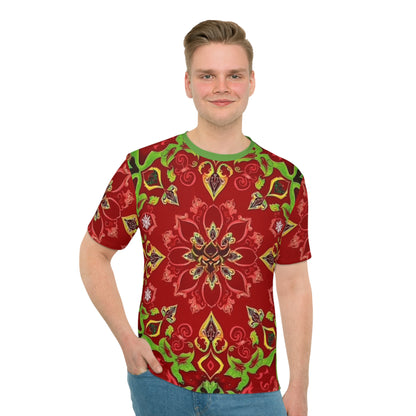 Red Kaleidoscope Christmas T-Shirt — Bold All-Over Printed Men's Tee