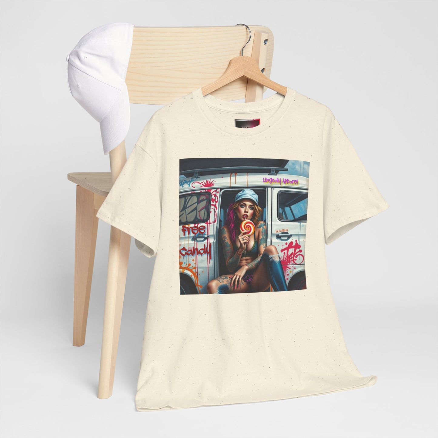 "Free Candy" Street Art Unisex Heavy Cotton Tee, Casual Graphic Shirt, Vintage Style Tee, Unique Gift, Urban Wear, Art Lover Apparel