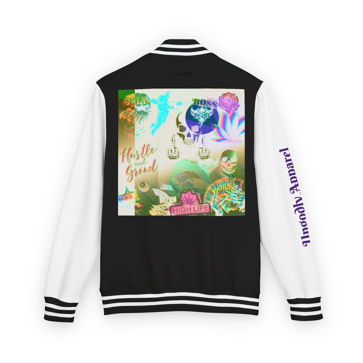 "Hustle and Grind" Letterman Jacket — Neon Collage Heart & 'Hustle Hard' Streetwear