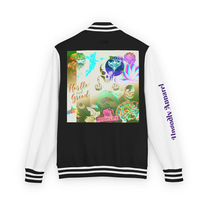 "Hustle and Grind" Letterman Jacket — Neon Collage Heart & 'Hustle Hard' Streetwear