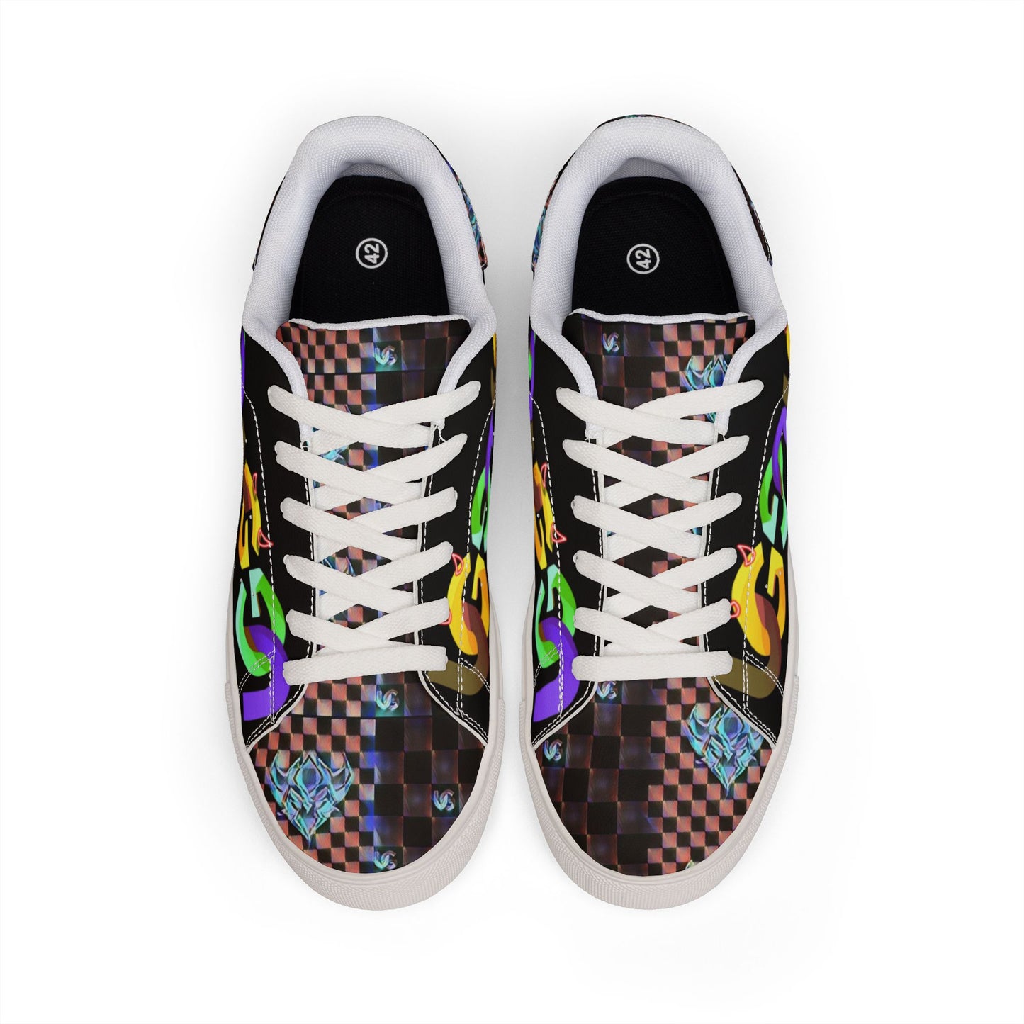 Leather Sneakers — Colorful Graffiti UG Checkboard Pattern Low-Top for Men