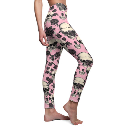 Pink Skull & Rose Leggings — Gothic Floral Women's Leggings