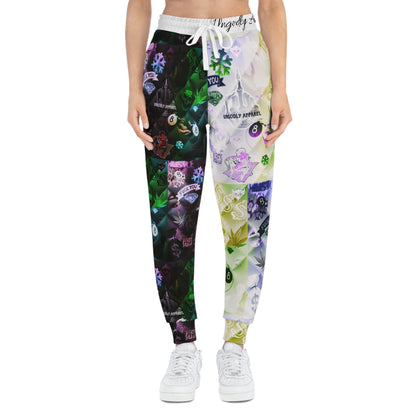 "Ungodly Vices" Graphic All-Over Print Joggers — Neon Patchwork Streetwear