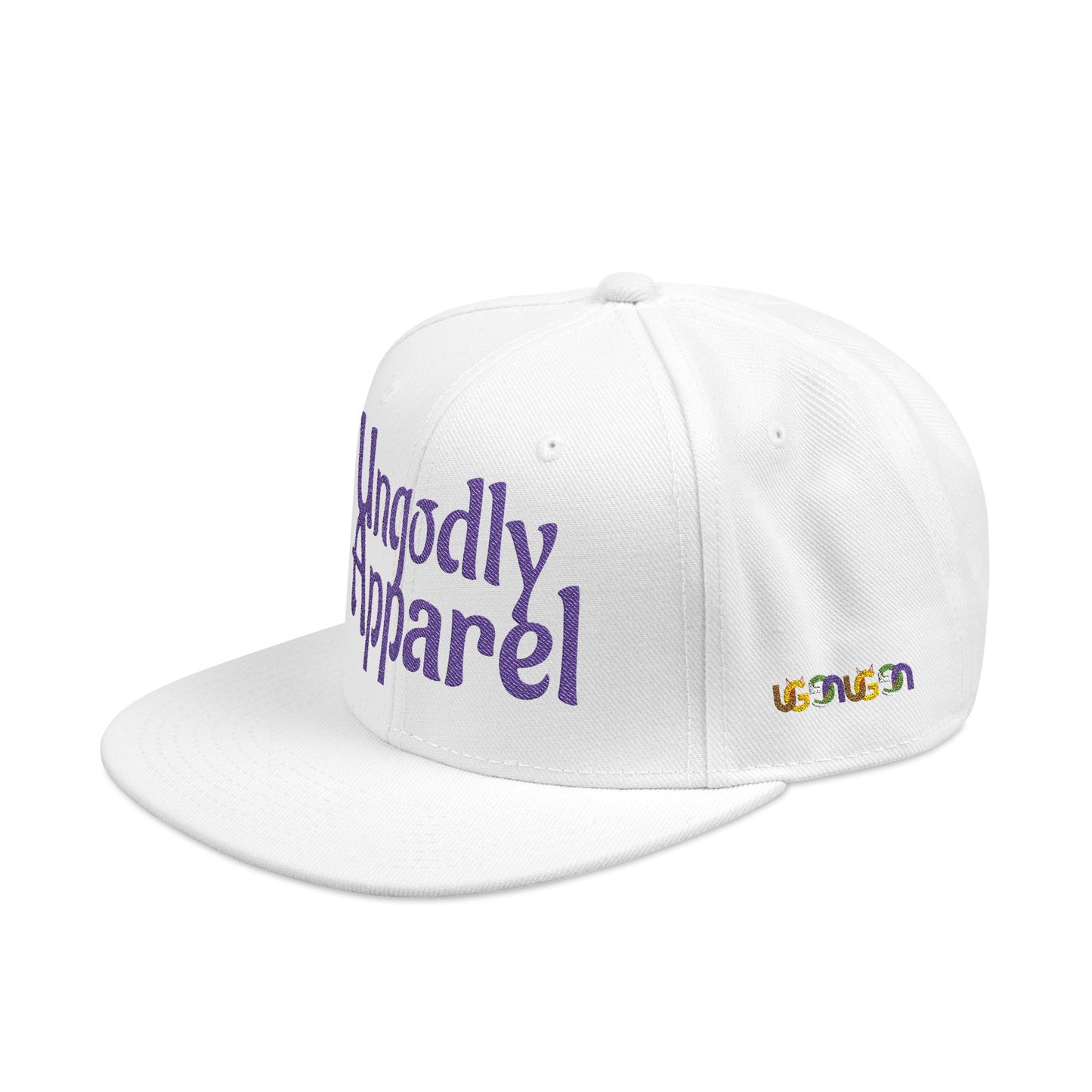 Embroidered Snapback Hat — 'Ungodly Apparel' Purple Script