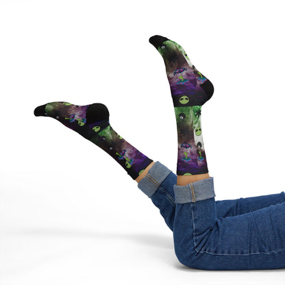 Alien Galaxy Sublimation Socks — Psychedelic UFO & Cannabis Pattern Crew Socks