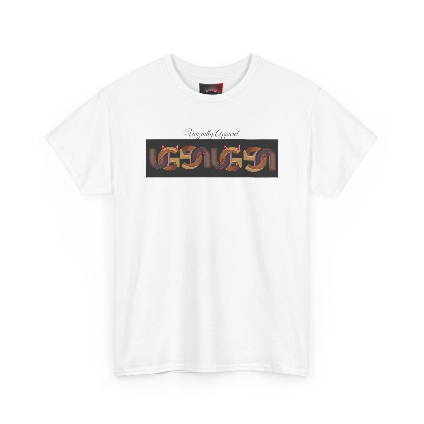 Retro Ungodly Apparel Flame Script Tee — Brown UG Link Pattern Graphic T-Shirt