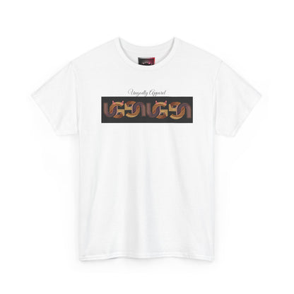 Retro Ungodly Apparel Flame Script Tee — Brown UG Link Pattern Graphic T-Shirt