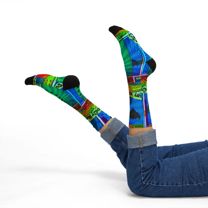 Ungodly Apparel Retro Vaporwave Sublimation Socks — Colorful 90s Cassette & Pixel Art Crew Socks