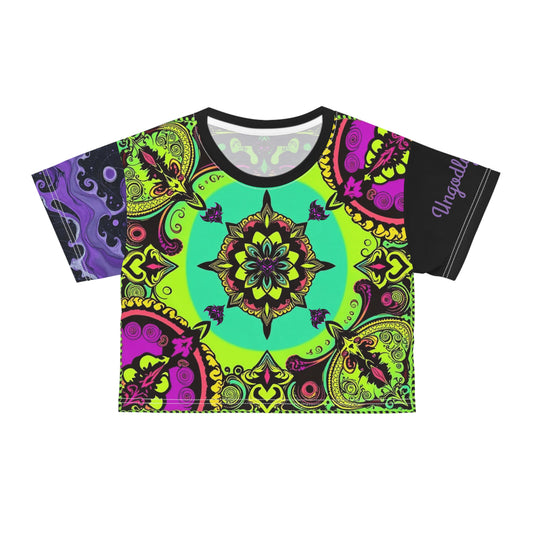 "Ungodly Purple Paisley Hippy Princess Crop-Top" Colorful Mandala Crop Tee - Boho Style Top for Festivals, Summer Wear, Yoga, Gifts for Her, Vibrant Fashion