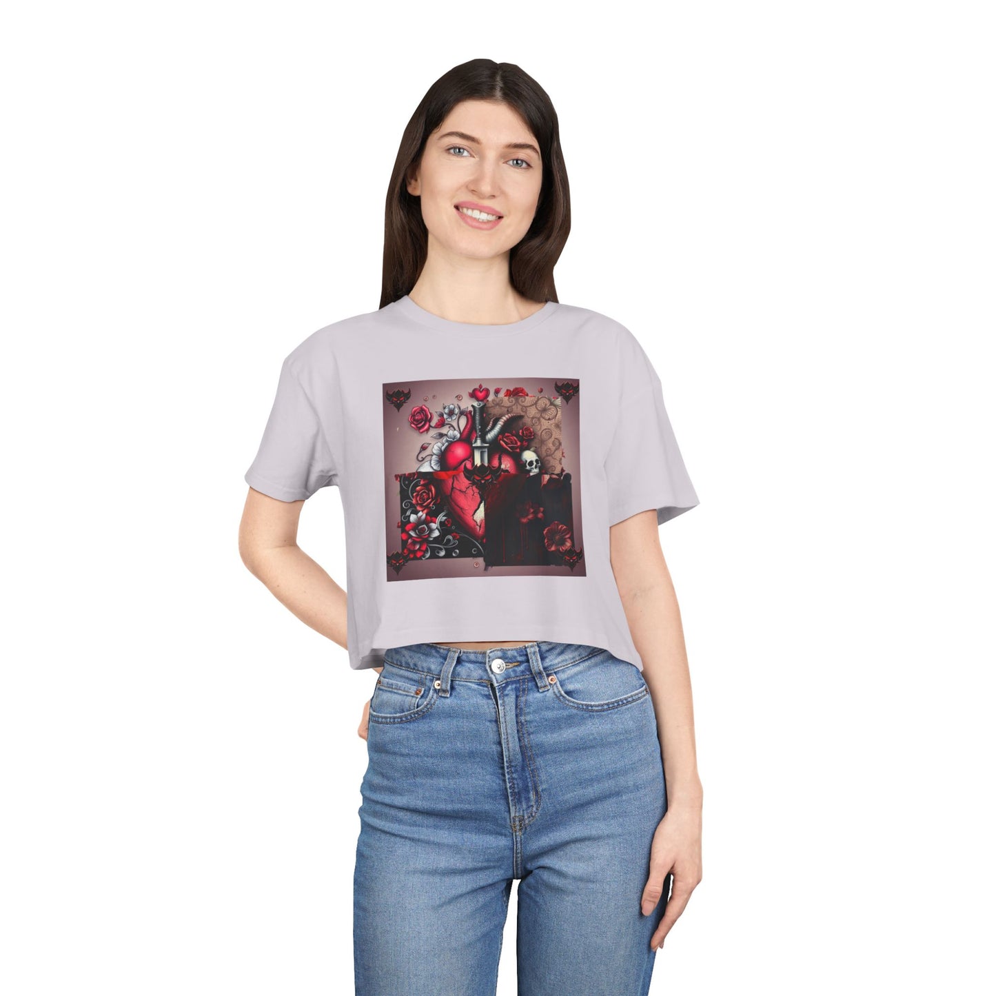 "Tangled Hearts" Bold Heart Floral Women's Crop Tee | Unique Graphic Tee for Casual Style