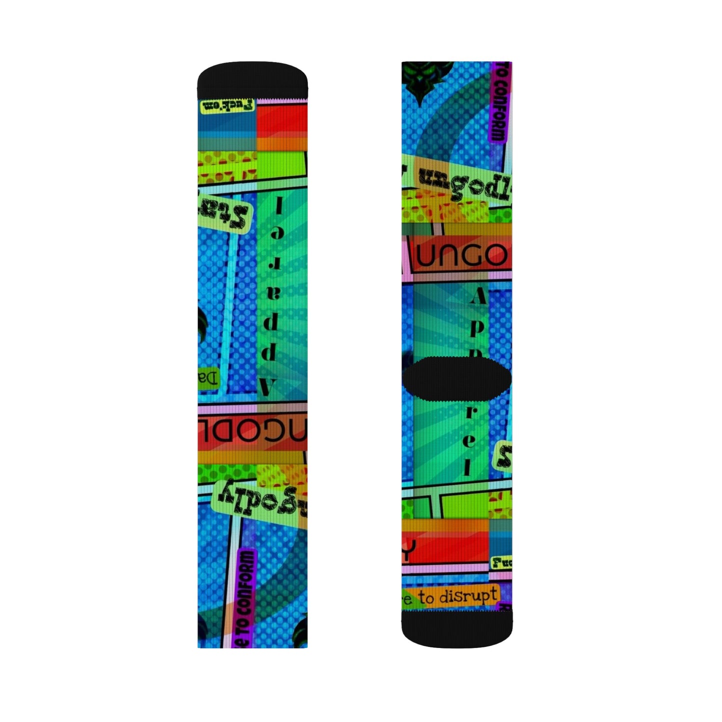 Ungodly Apparel Retro Vaporwave Sublimation Socks — Colorful 90s Cassette & Pixel Art Crew Socks