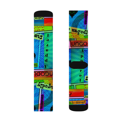 Ungodly Apparel Retro Vaporwave Sublimation Socks — Colorful 90s Cassette & Pixel Art Crew Socks
