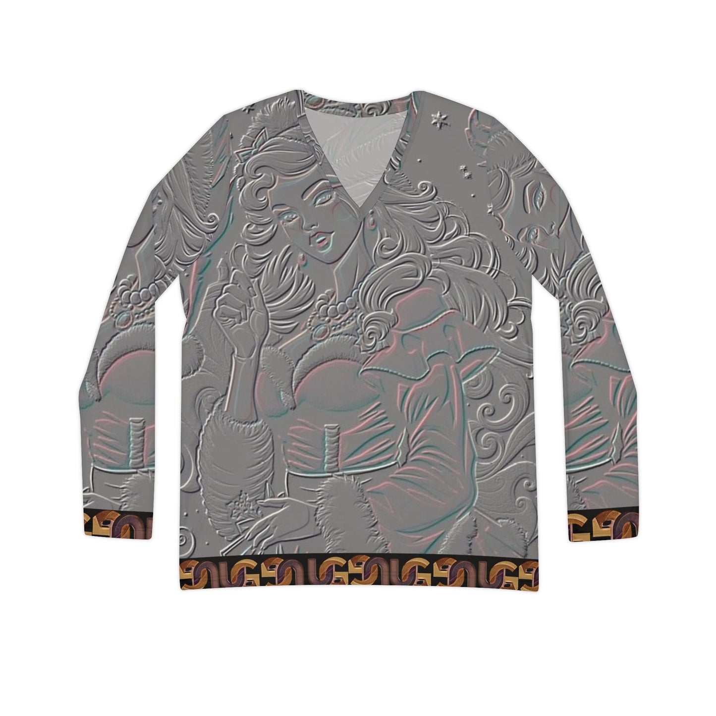 Santa Embossed V-Neck Long Sleeve — Women's Holiday Shirt