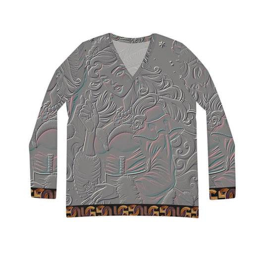 Santa Embossed V-Neck Long Sleeve — Women's Holiday Shirt