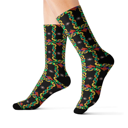 Rasta Ungodly Chain Pattern Sublimation Socks — Black Crew Socks with Red, Yellow & Green Chain Print