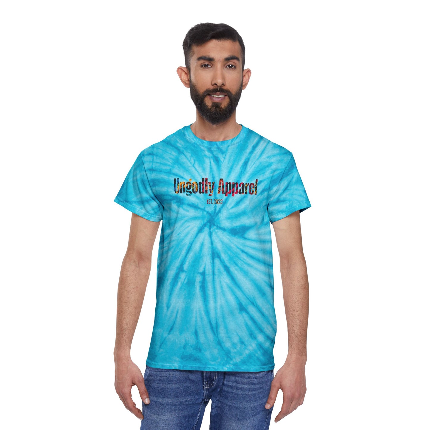 Tie-Dye Tee — Yellow Cyclone Spiral Tee with "Ungodly Apparel" Text