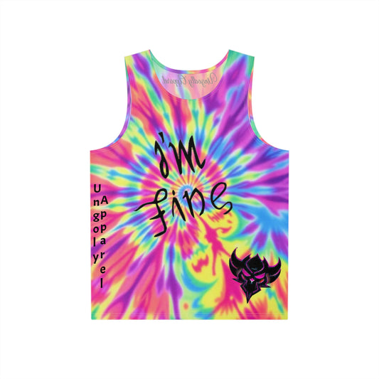 "I'm Fine/Save Me" Colorful Tie-Dye Men's Tank Top, Vibrant Summer Wear, Festival Outfit, Graphic T-Shirt, Beach Essentials, Unisex Casual Top
