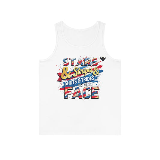 "Stars, Stripes, & Shots to the Face" Tank Top - Unisex Softstyle™ Tank, Perfect for July 4th, Summer Fun, BBQs, Casual Outings, Outdoor Events