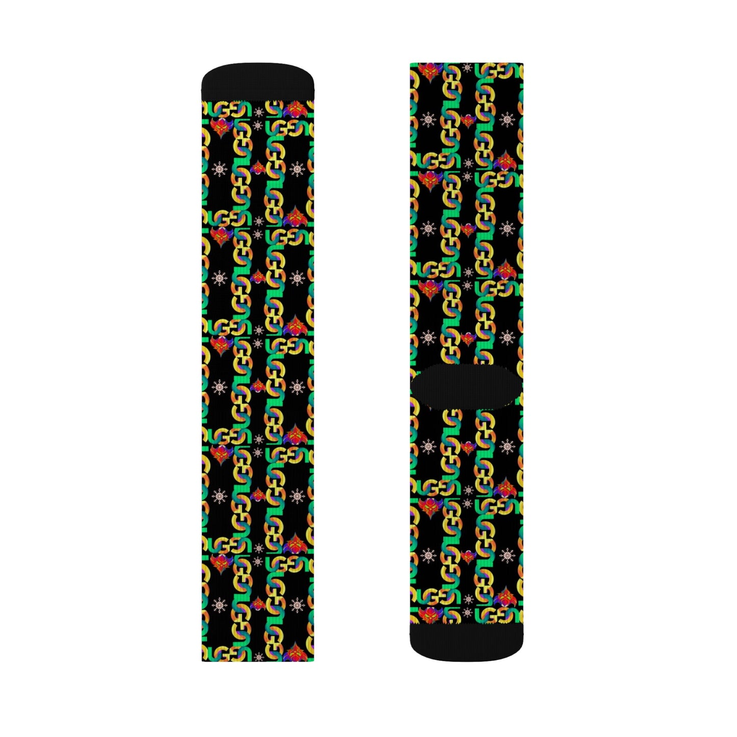 Rasta Ungodly Chain Pattern Sublimation Socks — Black Crew Socks with Red, Yellow & Green Chain Print