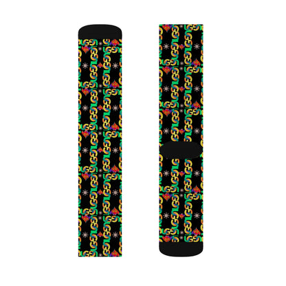 Rasta Ungodly Chain Pattern Sublimation Socks — Black Crew Socks with Red, Yellow & Green Chain Print