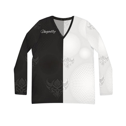 "Ungodly Apparel logo" Women's V-Neck Long Sleeve Shirt — Monochrome Gothic Split-Pattern Design