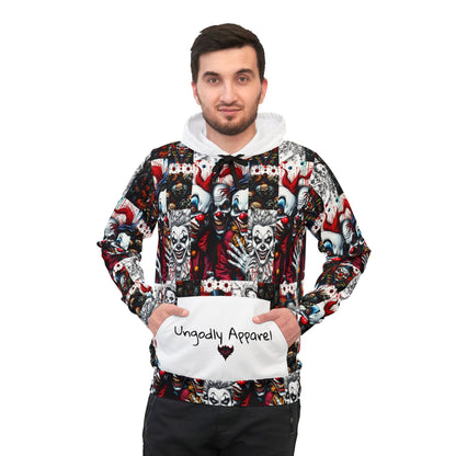 "Ungodly Wicked Clowns" Bold Artistic Athletic Hoodie, Unisex Streetwear, Unique Art Hoodie, Sporty Layering Piece, Festival & Casual Wear