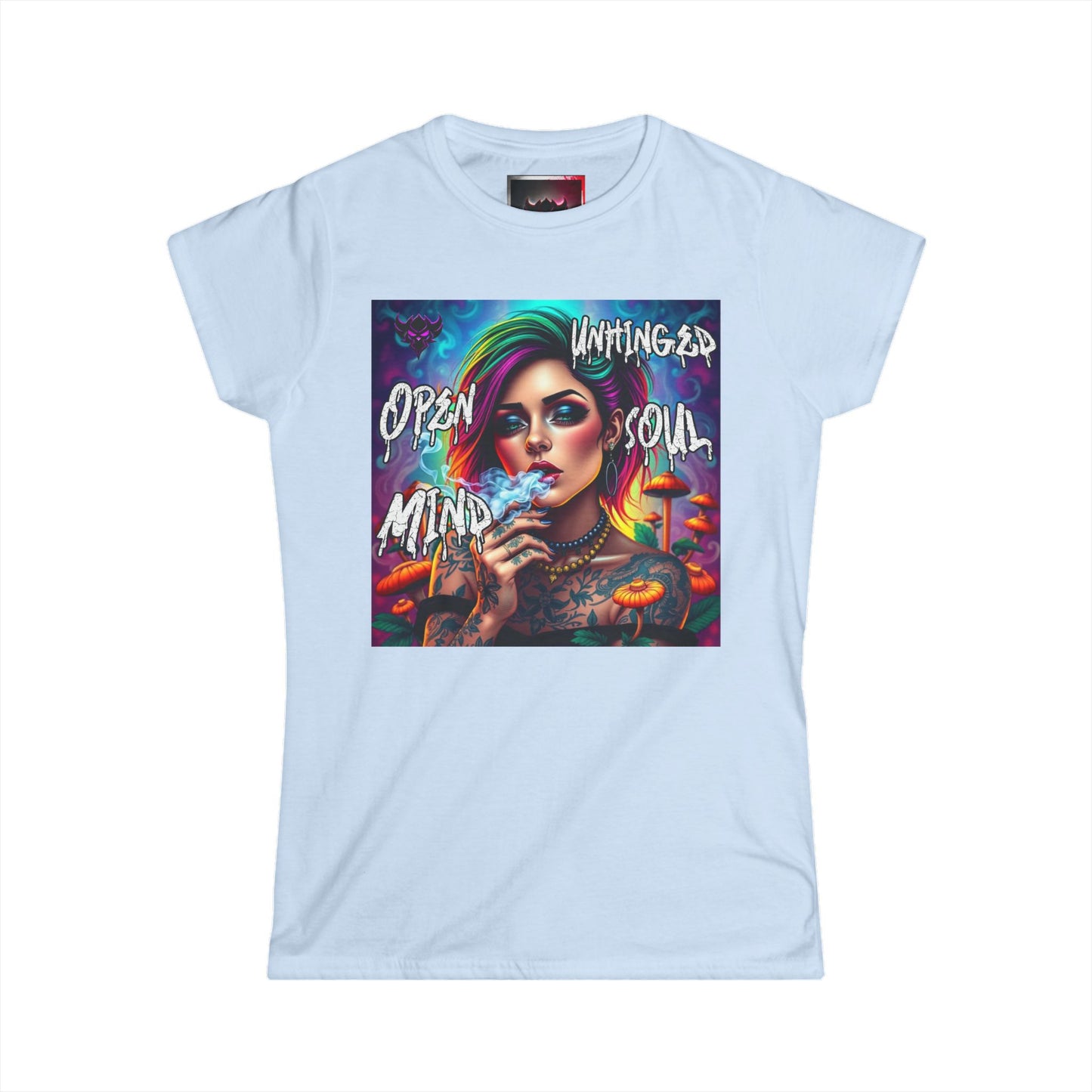 "Open Mind Unhinged Soul" Women's Softstyle Tee - Colorful Tattoo Art T-Shirt