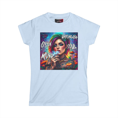 "Open Mind Unhinged Soul" Women's Softstyle Tee - Colorful Tattoo Art T-Shirt