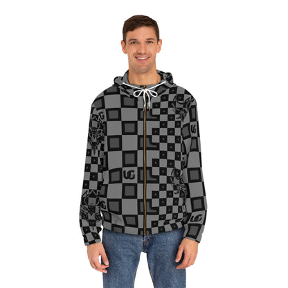 Checkerboard Ungodly Pattern Skull Full‑Zip Hoodie — All‑Over Graphic Zip Hoodie for Men