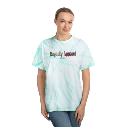 Tie-Dye Tee — Yellow Cyclone Spiral Tee with "Ungodly Apparel" Text