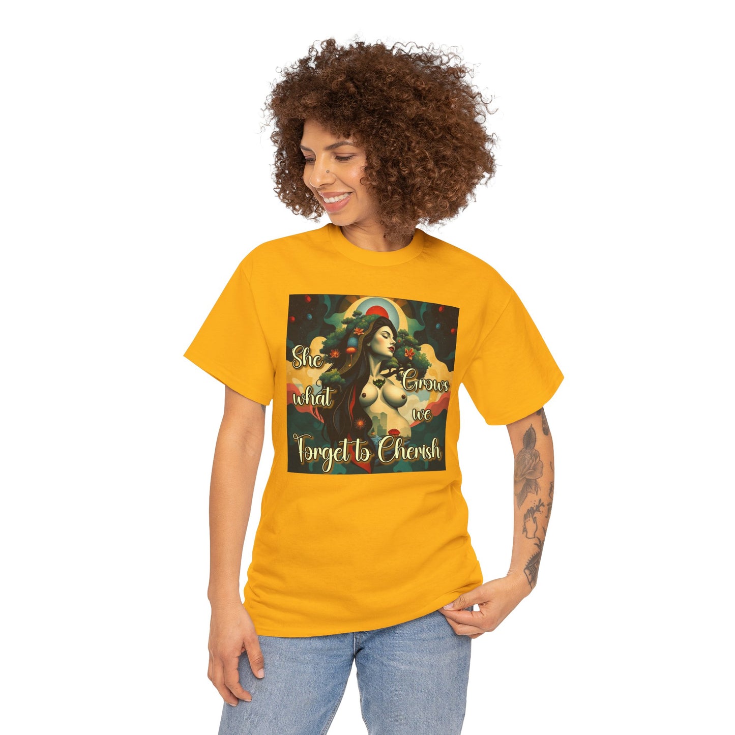 Inspirational Unisex Heavy Cotton Tee - "She Grows What We Forget to Cherish"