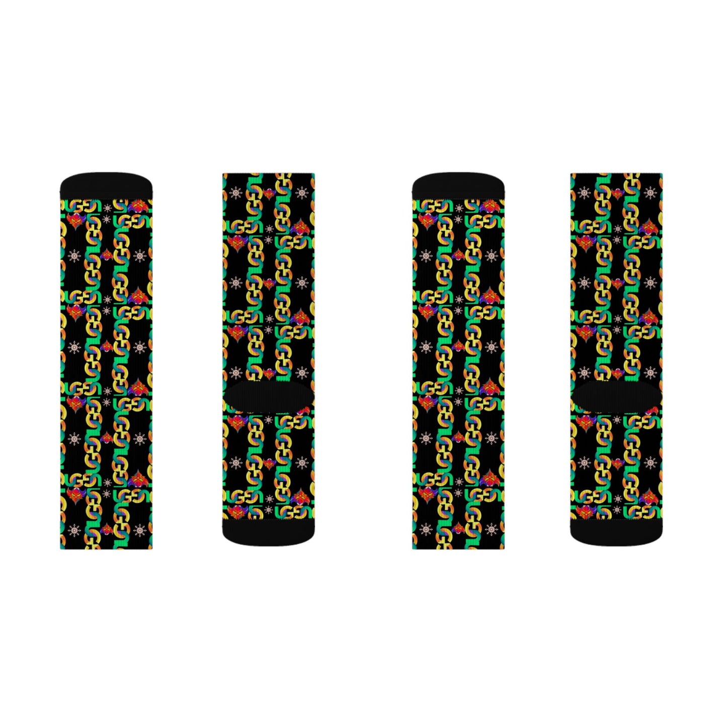 Rasta Ungodly Chain Pattern Sublimation Socks — Black Crew Socks with Red, Yellow & Green Chain Print