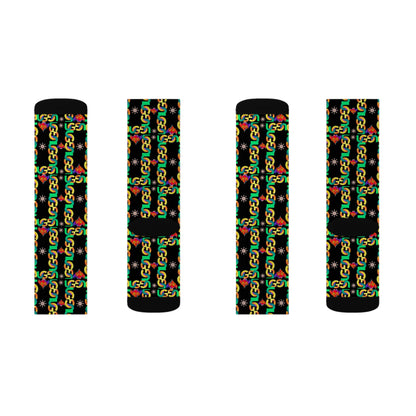 Rasta Ungodly Chain Pattern Sublimation Socks — Black Crew Socks with Red, Yellow & Green Chain Print